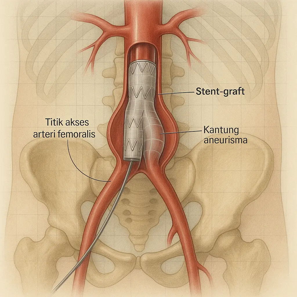 Ilustrasi Pemasangan Stent Graft pada Prosedur EVAR (Endovascular Aneurysm Repair)